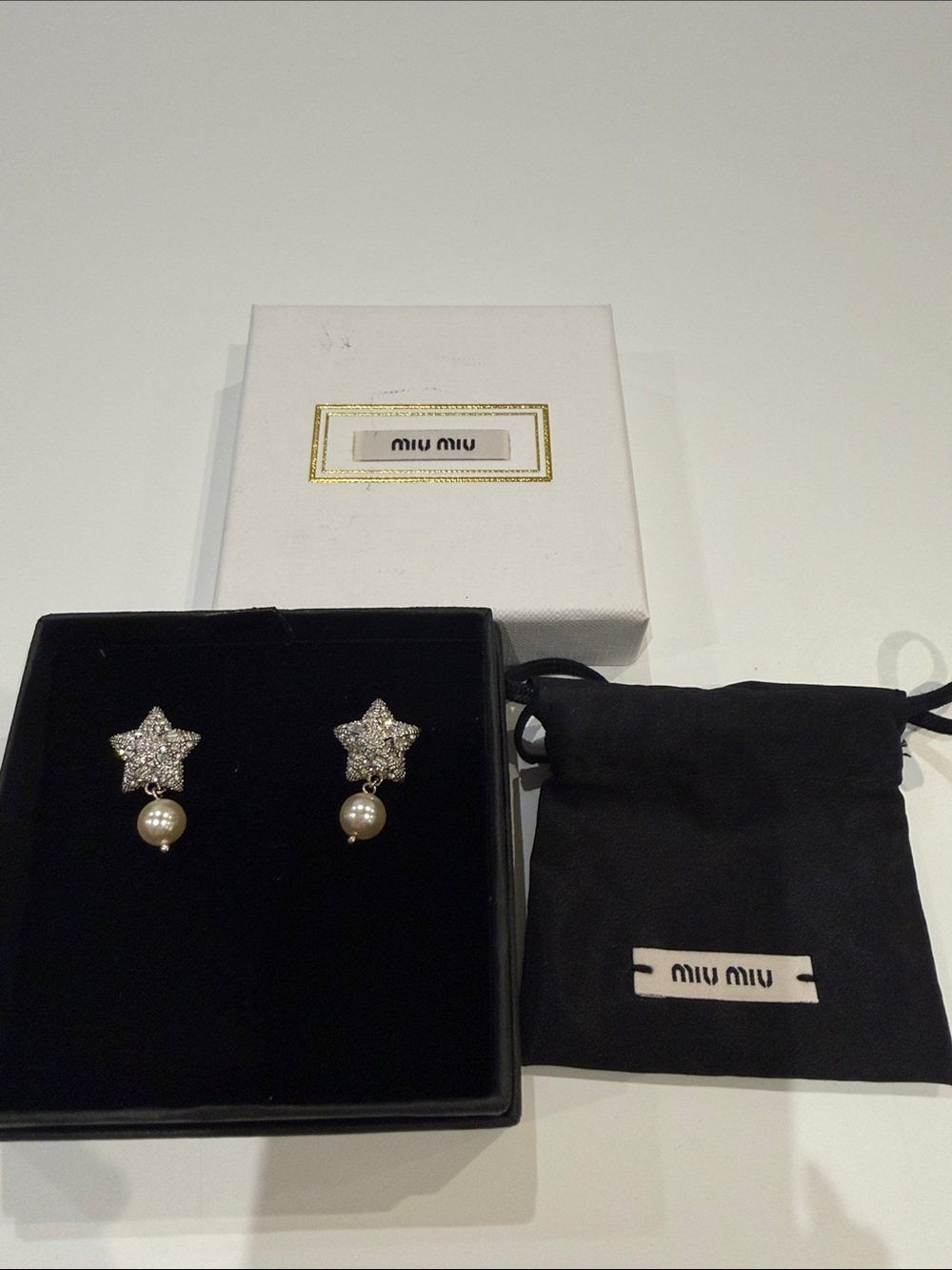 Miu Miu Silver Crystal Star Earrings with Cream Pearl Drops